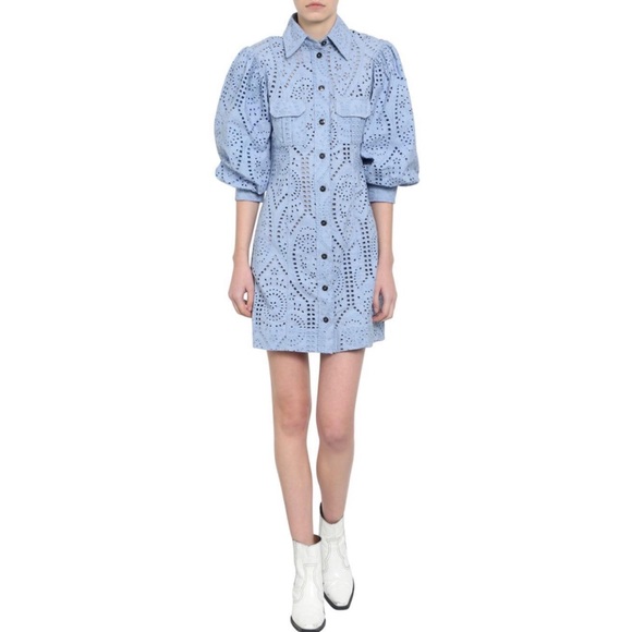 Ganni NWT Balloon-Sleeve Broderie Anglaise Mini Shirt Dress (Size 34) - Picture 4 of 8